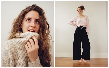 (Left photo) Louisa in a white-ish sweater with the turtleneck held by her left hand to her lower lip. (Right Photo) Full sized photo of Louisa posing with a light pink top and long black bottom, her face looking to the left of the camera and right hand on her hip.