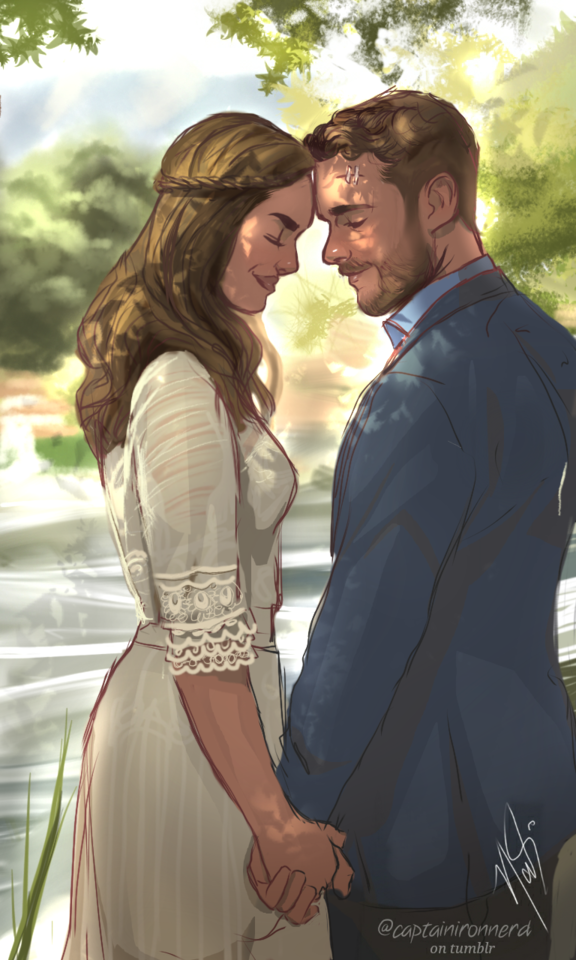 A fan art depicting Pokimane in a white gown and Fitz in a blue suit holding hands and foreheads touching each other's.