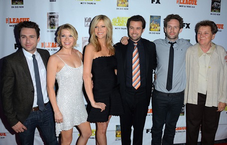 from left - Actors Charlie Day, Mary Elizabeth Ellis,Kaitlin Olson, Rob McElhenney, Glenn Howerton, Sandy Martin arrive at the Premiere Screenings of FX's "It's Always Sunny In Philadelphia" Season 8 And "The League" Season 4 -at ArcLight Cinemas Cinerama Dome on October 9, 2012 in Hollywood, California.