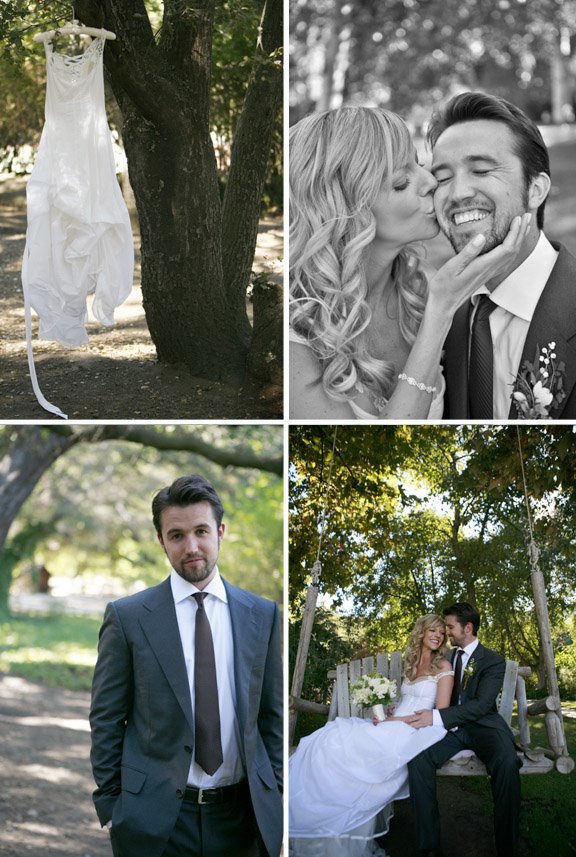 four photos. top left - Kaitlin's wedding dress hanging on a branch tree. Top right - Kaitlin kissing Rob on the cheek as he gives a wide smile. Bottom left - Rob in his wedding suit and hands in the pockets. Bottom right - The two sitting on a park bench in wedding dresses as Kaitlin leans against Rob's chest holding a flower bouquet on her hands.