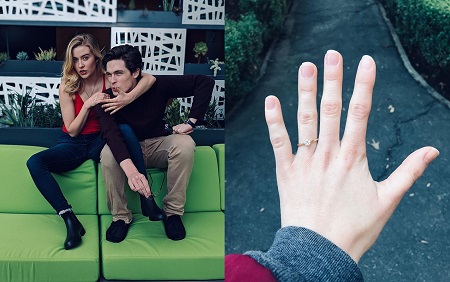 left photo - the pair sitting on the couch head with McMann's left hand around Sam. Right photo - McMann's hand sporting the ring.
