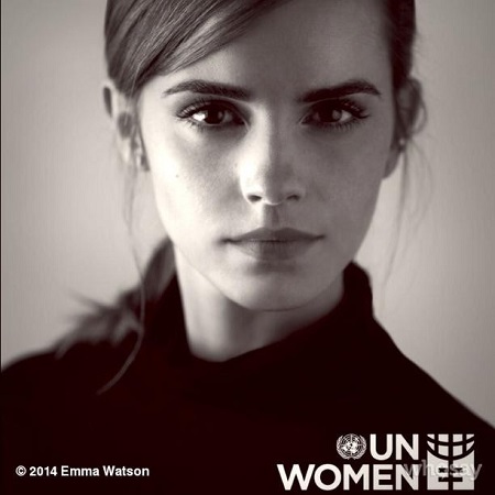 B/W image of Emma Watson's headshot with the UN Women logo at the right bottom corner.