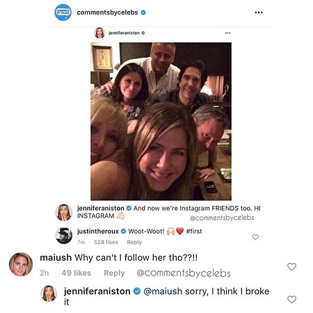 Jennifer Aniston's post again with a reply to a fans response for not being able to follow her,