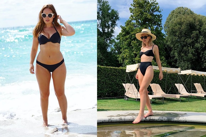 (Left) Burr in a black two-piece bikini standing on the beach. (Right) Burr in the same black bikini stepping into the poolside with hat on. Massive different in her weight.
