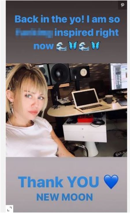 Miley Cyrus uploading Story about coming with a new album which articulates her saying "Back in the yo! I am so F**ng inspired right now." 