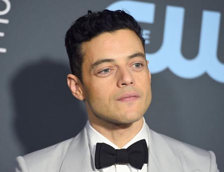 Rami Malek during a red carpet with a silver suit and black bow-tie.