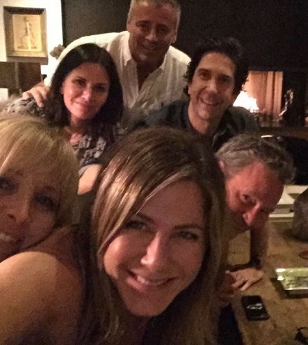 Jennifer Aniston's first Instagram post posing for a selfie with her 'Friends' co-stars.