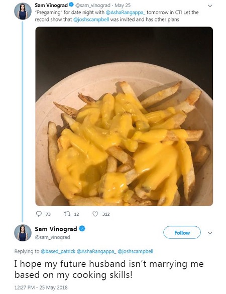 A snapshot of Samantha's tweet with the comment, "I hope my future husband isn't marrying me based on mu cooking skills!" at the bottom. The photo is of potatoes with Mayonnaise poured on top.