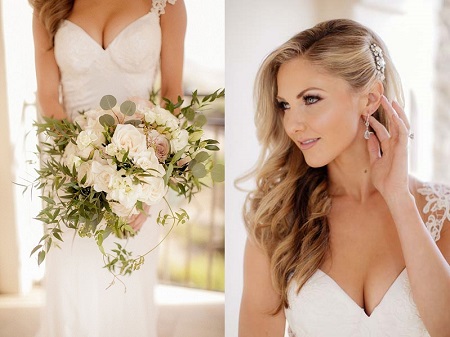 Amy holding a flower bouquet at her wedding in one photo (face not shown) and her face seen in the right photo.