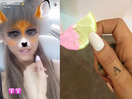 Ariana Grande selfie with the tattooed hand lifted (left). And the hand holding a lemon.