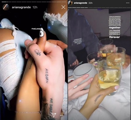Two pictures, one with Ariana and Pete's hands and the other with the word on Ariana's hands covered by olive branch.