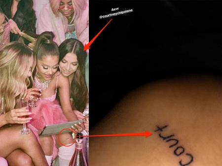 Ariana Grande in one of the videos with the 'Court' tattoo zoomed in on the right photo.