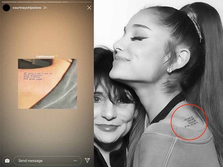 Chipolone's back with the tattooed line and Ariana turning to the right with her tattoo artist showing the tattooed line upside down.
