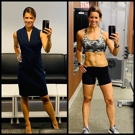 Jenna taking a mirror selfie, on the left in her news anchor costume and on the right in her fitness costume.