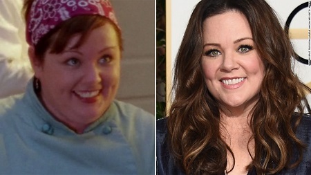 Melissa McCarthy on 'Gilmore Girls' (left) and an after photo of hers looking a little thinner. Both photos have her smiling. Melissa McCarthy weight loss 2019 total - 120 lbs.