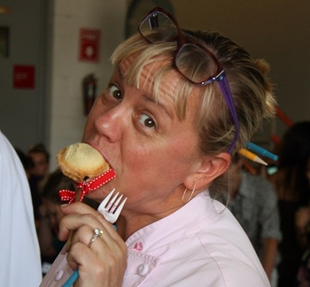 Sherry Yard from KCRW's Fourth Annual Good Food Pie contest at LACMA. Eating a Forkful of Pie.