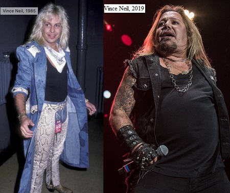 Photo comparison. Thin Vince Neil in 1985 and a chubby one in 2019