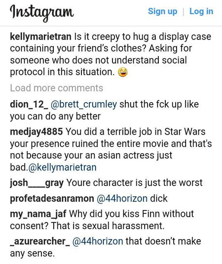 A little glimpse into the harassment Kelly Marie Tran received after The Last Jedi was released.