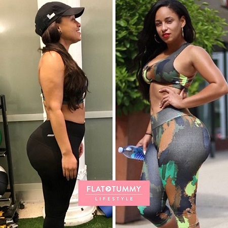 Before and after images of Tahiry Jose using Flat Tummy. Her booty is bigger on the right photo.
