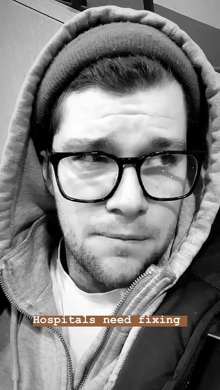Jeremy Roloff looking dissatisfied as the words 'Hospital need fixing' written over his black and white photo.