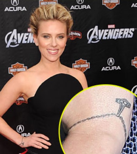 Bracelet tattoo on Scarlett Johansson's right wrist.