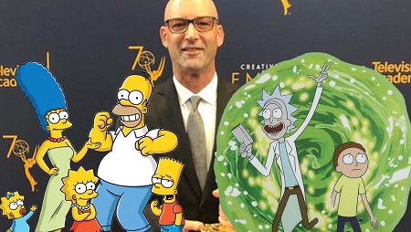 J. Michael Mendel tributed with 'The Simpsons' and 'RIck & Morty' in the foreground.