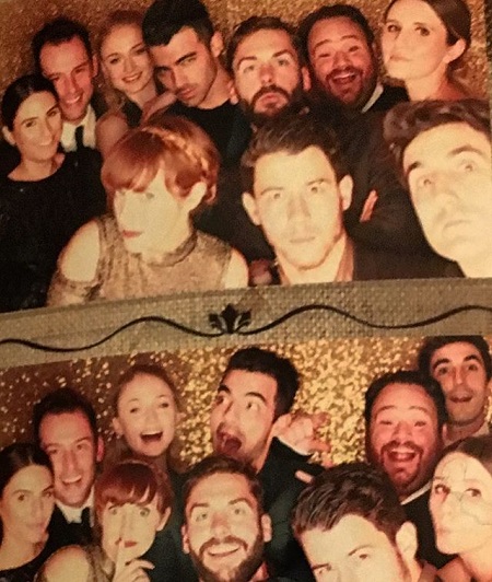 Joe Jonas, Sophie Turner and Nick Jonas with a bunch of friends in two photos.