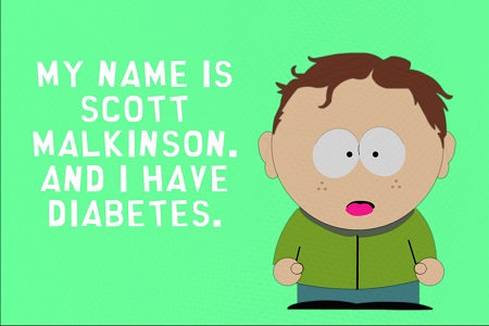 'MY NAME IS SCOTT MALKINSON. AND I HAVE DIABETES.' written beside the character's photo in a green background.