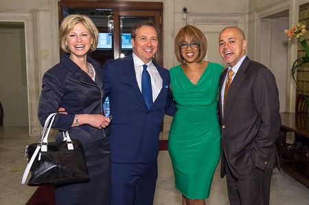 Denise D'Ascenzo and Dennis House with former WFSB anchors Gayle King and David Ushery, all smiling at the camera.