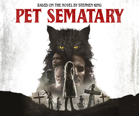 The cast of Pet Sematary on the official poster, as a black cat looms over all of them.