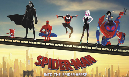 Five Spider people from alternated universe join Miles on a railing.