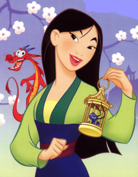 Mulan holds her two friends Mushu and Cri-Kee.