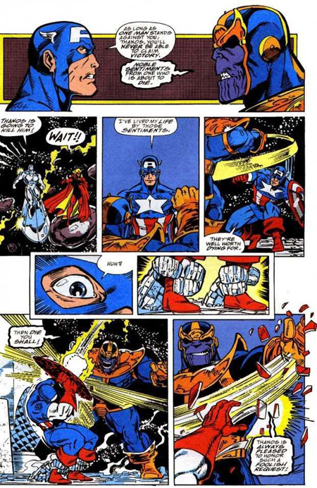 Captain America fights Thanos.\