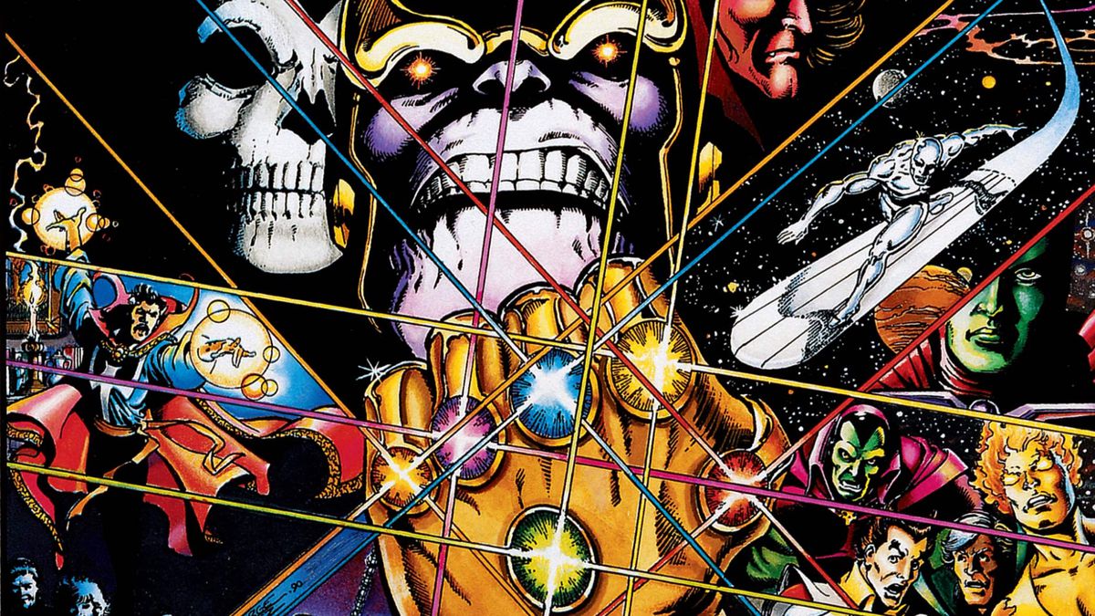 The cover for Infinity Gauntlet comic series is shown in an illustration.