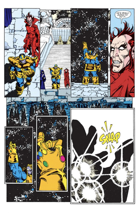 The comic illustration of the iconic snap from Infinity Gauntlet.