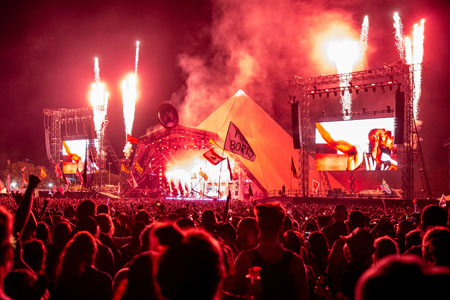 The pyramid stage seen from a side view at Glastonbury.