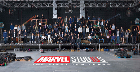 All the characters of Marvel movies come together to take a ten year anniversary photo.