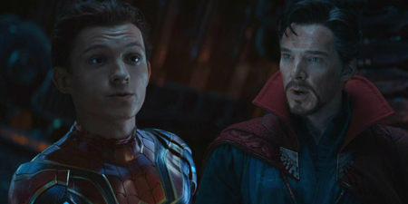 Spider-Man and Doctor Strange seen inside the donut space ship.