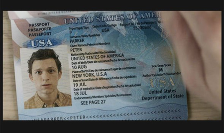Peter's fictional passport seen on screen.
