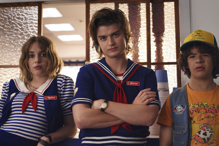 Robin, Steve and Dustin in season three of Stranger Things.