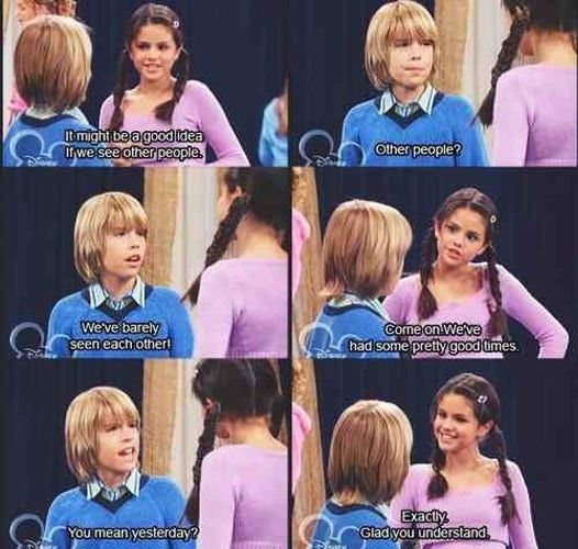 A meme involving conversation between Cole Sprouse and Selena Gomez when they were young on Disney channel's show.