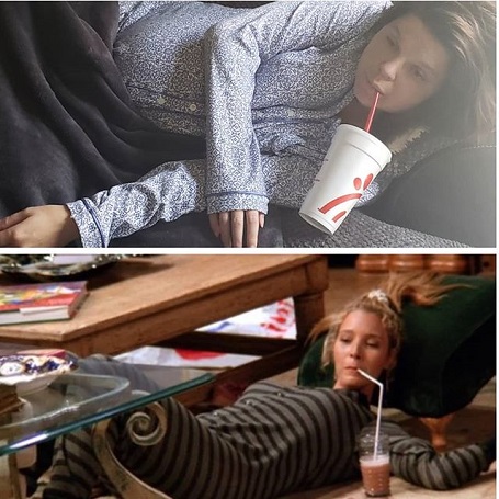 Amy Duggar Posing while sipping a Chick-Fil-A (upper picture), Lisa Kudrow's lazy pose on F.R.I.E.N.D.S.