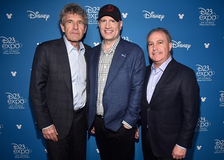 (L-R) Co-Chairman and Chief Creative Officer of The Walt Disney Studios Alan Horn, President of Marvel Studios Kevin Feige and Co-Chairman, The Walt Disney Studios Alan Bergman took part on August 22 in the Disney+ Showcase at Disneyâ€™s D23 EXPO 2019 in Anaheim, Calif.