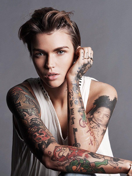 A picture of Ruby highlighting her tattoos.