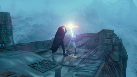Kylo Ren and Rey fighting with lightsaber.