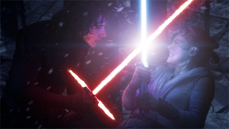 Kylo and Rey fight in the first sequel trilogy movie.