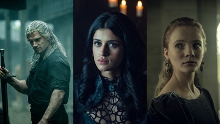 Henry Cavill as Geralt, Anya Chalotra as Yennefer and Freya Allan as Ciri in three split images.