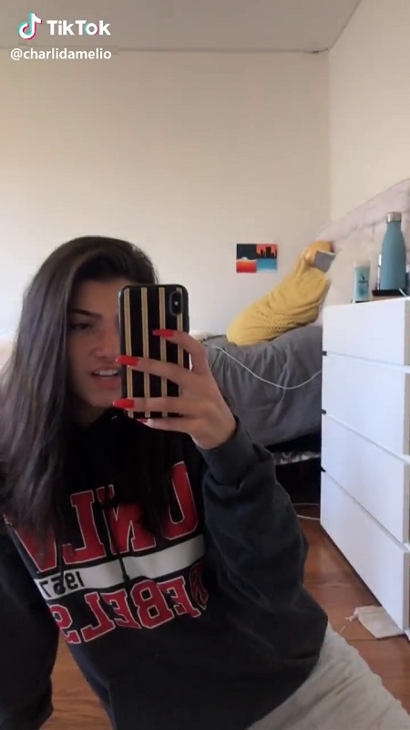 Charli D'Amelio mirror selfie while making a TikTok video.
