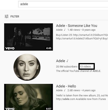 Search result for 'adele' on YouTube with the '13 videos' words marked in a rectangle.
