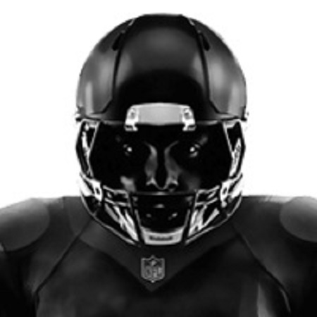 Eric Moss wearing a football helmet in a B/W photo.